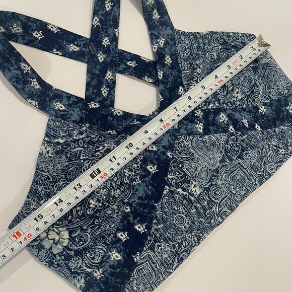 ~ Ecote Lg Boho Crop Top Blue Paisley Pattern Navy Adjustable Convertible Beachy - Picture 5 of 16